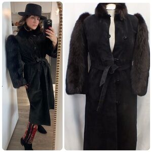 Vintage Long Suede Black Coat with Belt and Raccoon Fur Sleeves and Collar.